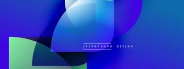 Soyut arkaplan özellikleri üst üste binen mavi, yeşil şekiller. Gradyan renkler dinamik görsel efekt yaratır. Modern tasarım elemanları.