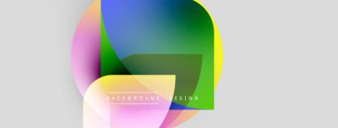 Soyut renkli şekiller örtüşür, dinamik görsel efekt yaratır. Açık gri arkaplan nötr tuval sağlar. Metin arkaplan tasarımı okur.