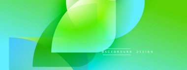 Soyut yeşil arkaplan. Üst üste binen şekiller dinamik görsel efekt yaratır. Yumuşak eğimler, modern tasarım elementleri mevcut.