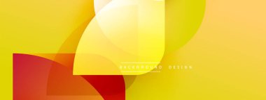 Soyut geometrik şekiller çakışıyor. Sıcak renkler baskın gelir, modern görsel efekt yaratır. Sarılar, portakallar, kırmızılar sorunsuz karışır.