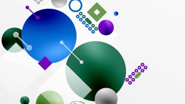 Soyut kompozisyon. Çemberler, kareler, çizgiler dinamik görsel deneyimler yaratır. Renkler harmanlanır, örtüşür, modern tasarım oluşturulur.