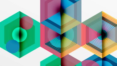 Soyut geometrik şekiller, canlı renkler, katmanlı tasarım. Altıgenler, daireler karmaşık görsel desenler yaratır. Modern, sanatsal kompozisyon.