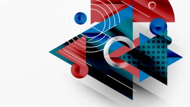 Soyut geometrik bileşim. Üst üste binen şekiller, çizgiler dinamik görsel efekt yaratır. Kırmızı, mavi baskın palet. Modern tasarım.