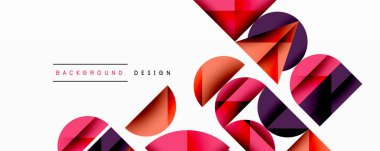 Soyut geometrik şekiller örtüşür, dinamik bileşim yaratır. Kırmızı, mor renkler beyaz arkaplana hakim. Modern tasarım ögesi.