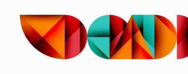 Geometrik şekiller soyut sözcük oluşturur. Kırmızı, turuncu, deniz mavisi renkleri tasarımda baskın. Minimalist tarz, temiz çizgiler modern estetik sunar.