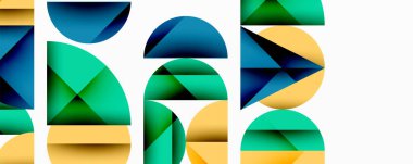 Soyut geometrik şekiller örtüşüyor, canlı renk eğimleri yaratıyor. Kompozisyon mavi, yeşiller, sarılar, beyaz arkaplan.