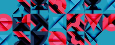 Soyut geometrik desen. Mavi, pembe, siyah şekiller birbirine kenetlenir ve dokulu görsel efekt yaratır. Modern tasarım elementleri kompozisyona hakim.