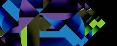 Soyut geometrik şekiller örtüşüyor, canlı renk eğimleri yaratıyor. Maviler, morlar, yeşiller kompozisyona hakim. Modern tasarım elemanları.