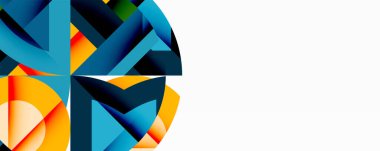 Soyut geometrik şekiller, canlı maviler, portakallar kompozisyona hakim. Temiz beyaz alan karmaşık tasarım elementlerini dengeler. Modern estetik.