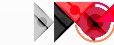 Soyut geometrik şekiller örtüşür, dinamik bileşim yaratır. Kırmızı, gri, beyaz renkler tasarıma hakim. Modern, minimalist estetik.