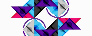 Soyut geometrik şekiller, üçgenler, daireler, mor, mavi, pembe renkler. Modern tasarım, simetrik desen, temiz çizgiler, beyaz arkaplan.