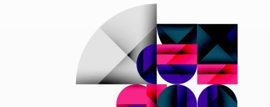 Soyut geometrik bileşim. Şekiller örtüşüyor, dinamik görsel ilgi yaratıyor. Renkler arasında pembe, mor, deniz mavisi, siyah, beyaz var. Modern tasarım.