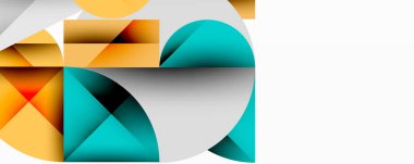 Soyut geometrik şekiller örtüşür, dinamik bileşim yaratır. Renkler arasında deniz mavisi, turuncu, beyaz, gri var. Modern tasarım elemanları.