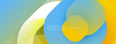 Soyut tasarım özellikleri üst üste binen daireler, gradyanlar. Renkler arasında mavi, sarı, yeşil, beyaz var. Modern estetik, pürüzsüz geçişler.