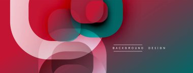 Soyut geometrik şekiller üst üste binerek canlı kırmızı, pembe ve deniz mavisi renkleri yaratıyor. Arkaplan, pankart ve sunumlar için modern tasarım ögesi.