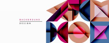 Soyut geometrik desen. Canlı renkler dinamik bileşim yaratır. Şekiller üst üste biniyor, modern tasarımı oluşturuyor. Temiz çizgiler, minimalist estetik. Projeler için ideal arkaplan.