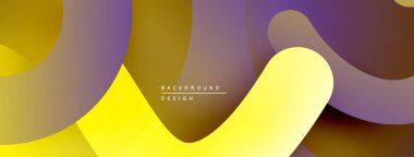 Soyut şekiller örtüşüyor, canlı renk değişimleri yaratıyor. Sarı, mor, kahverengi renkler tasarımda baskın. Modern estetik.