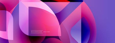 Soyut geometrik şekiller örtüşür, canlı pembeler, morlar, maviler yaratır. Modern tasarım dijital sanat ve arkaplan ögesi öneriyor.