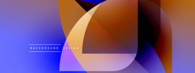 Soyut bileşim, üst üste binen şekiller, canlı gradyanlar. Mor, turuncu renkler tasarıma hakim, modern estetik yaratıyor.