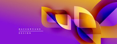 Soyut, enerjik bir arkaplan. Katmanlı kurdeleler dinamik görsel efekt yaratır. Mor, turuncu, sarı renkler kompozisyona hakim. Modern tasarım ögesi.