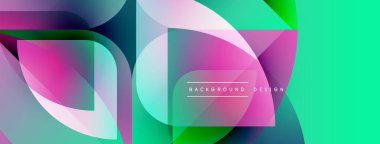 Soyut geometrik şekiller örtüşüyor, canlı renk eğimleri yaratıyor. Turkuaz, pembe, mor renkler tasarımda baskın. Modern estetik.