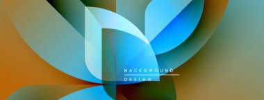 Soyut geometrik şekiller örtüşür, dinamik görsel akış yaratır. Renkler mavi, yeşiller, portakal oluşturan modern arkaplan tasarımı.