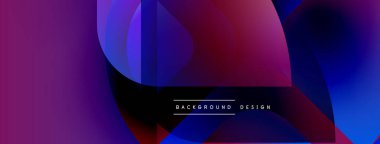 Soyut arkaplan örtüşen canlı şekiller içerir. Mor, kırmızı, mavi renkler harmanlanarak dinamik görsel efekt yaratır. Modern tasarım ögesi.