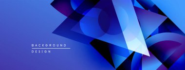 Soyut geometrik şekiller örtüşerek canlı mavi gradyan arkaplan oluşturur. Modern tasarım elementleri teknoloji ve yenilik öneriyor.