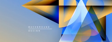 Soyut geometrik şekiller örtüşüyor, canlı renk eğimleri yaratıyor. Mavi, altın, mor renkler tasarımda baskın. Modern estetik.