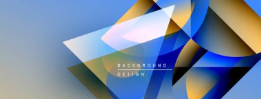 Soyut geometrik şekiller örtüşür, parlak mavi ve sarı renkler yaratır. Modern tasarım elementleri yenilik ve teknoloji odaklanma öneriyor.