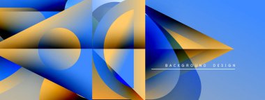 Soyut geometrik şekiller örtüşüyor, dinamik mavi, altın renkleri yaratıyor. Modern tasarım elementleri hareket ve derinlik öneriyor. Arkaplan metin etiketlerini içerir.