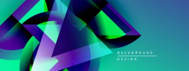 Soyut geometrik şekiller örtüşür, canlı gradyanlar yaratır. Mavi, yeşil, mor renkler tasarımda baskın. Modern, dinamik kompozisyon.