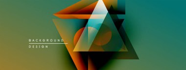 Soyut geometrik şekiller örtüşüyor, canlı renk eğimleri yaratıyor. Tasarım özellikleri üçgenler, daireler, modern estetik.