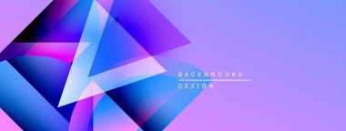 Soyut geometrik şekiller örtüşüyor, canlı mor, mavi renkler yaratıyor. Modern tasarım dijital sanat ve arkaplan ögesi öneriyor.