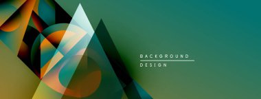 Soyut geometrik şekiller örtüşür, dinamik bileşim yaratır. Teal, turuncu, altın renkleri tasarımda baskın. Modern estetik.