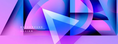 Soyut geometrik şekiller çakışıyor. Canlı mor, mavi renkler dinamik görsel efekt yaratır. Arka planlar için modern tasarım ögesi.