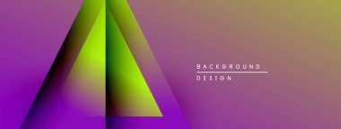 Soyut geometrik tasarım. Gradyan renkler mor arkaplan üzerinde üçgen şekiller oluşturur. Minimalist tarz, modern estetik.