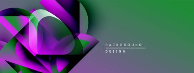 Soyut geometrik şekiller örtüşüyor, canlı mor ve yeşil renkler yaratıyor. Arkaplan ve sunumlar için modern tasarım ögesi.