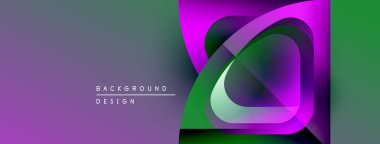 Soyut geometrik şekiller örtüşüyor, canlı renk eğimleri yaratıyor. Mor, yeşil, pembe renkler tasarımda baskın. Modern estetik.