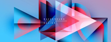 Soyut geometrik şekiller, canlı renkler, dinamik bileşim. Mavi gradyanlar baskın, kırmızı aksanlar görsel ilgi yaratıyor. Modern tasarım elemanları.