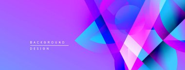 Soyut geometrik şekiller örtüşüyor, canlı mor ve mavi renkler yaratıyor. Modern tasarım teknoloji, yenilik ve enerji öneriyor.