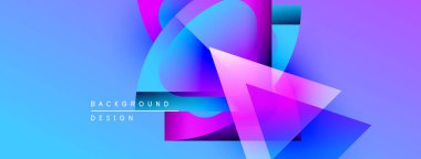 Soyut, enerjik bir arkaplan. Üst üste binen şekiller dinamik görsel efekt yaratır. Mavi, pembe, mor renkler kompozisyona hakim. Modern tasarım elemanları.