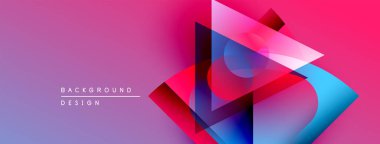 Soyut geometrik şekiller örtüşüyor, canlı renk eğimleri yaratıyor. Pembe, mavi, mor renkler tasarımda baskın. Modern, dinamik kompozisyon.