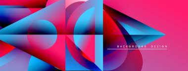 Soyut geometrik şekiller örtüşür, canlı gradyanlar yaratır. Pembe, mavi, kırmızı renkler kompozisyona hakim. Modern tasarım ögesi.