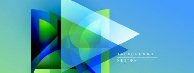 Soyut geometrik şekiller örtüşür, parlak mavi, yeşil eğimler yaratır. Modern tasarım teknoloji, yenilik, dinamik hareket öneriyor.