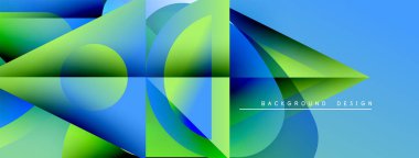 Soyut geometrik şekiller örtüşür, parlak mavi, yeşil eğimler yaratır. Modern tasarım dinamik hareket, temiz estetik.
