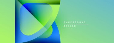 Soyut gradyan şekiller çakışıyor. Yeşil, mavi renkler tasarıma hakim. Minimum metin arka plan amacını gösteriyor. Modern estetik.