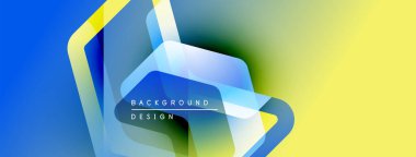 Soyut geometrik şekiller, canlı renklerin karışımı. Mavi, sarı gradyanlar modern tasarım elementleri oluşturur. Metin arkaplan tasarımı okur.