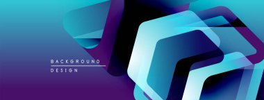 Soyut geometrik şekiller örtüşür, parlak mavi ve mor renkler yaratır. Modern tasarım elementleri teknoloji ve yenilik öneriyor.