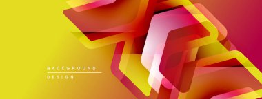 Soyut geometrik şekiller örtüşüyor, canlı sarı, turuncu, kırmızı renkler yaratıyor. Arkaplan ve afişler için modern tasarım ögesi.